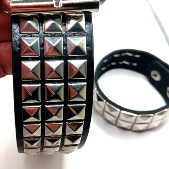 Gothic Studded Vegan Leather Belt + Double Row Studded Bracelet Unisex -Black - Picture 7 of 12